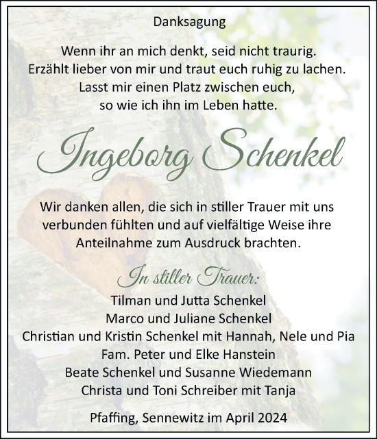 Traueranzeige von Ingeborg Schenkel von Mitteldeutsche Zeitung Halle/Saalkreis