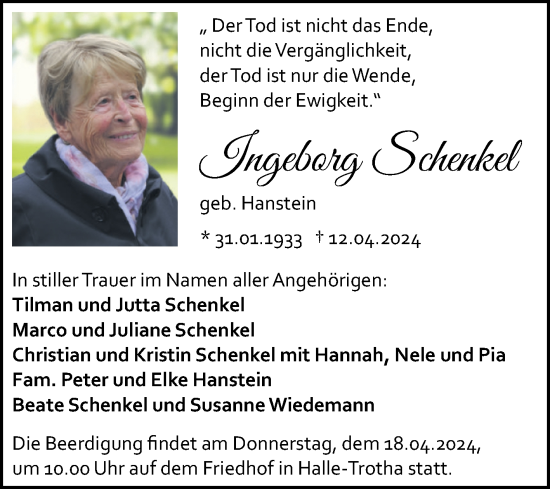 Traueranzeige von Ingeborg Schenkel von Mitteldeutsche Zeitung Halle/Saalkreis