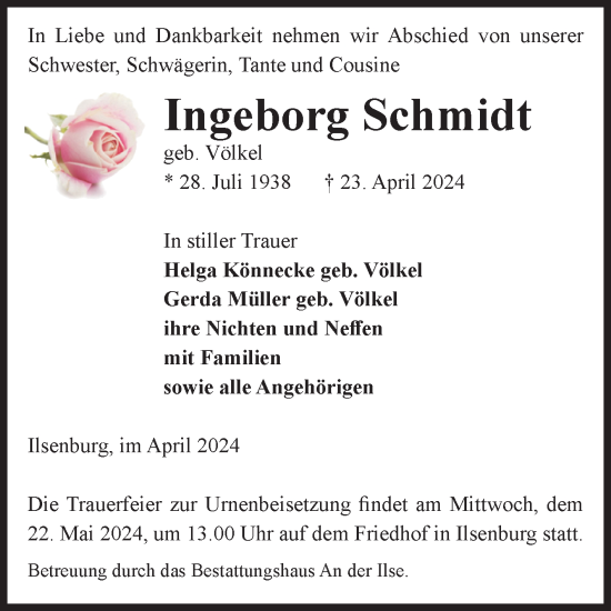 Traueranzeige von Ingeborg Schmidt von Volksstimme Wernigerode