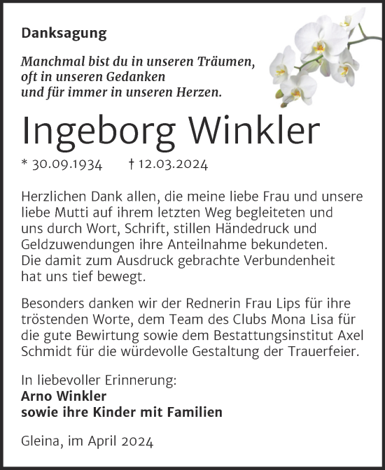 Traueranzeige von Ingeborg Winkler von Super Sonntag Naumburg/Nebra