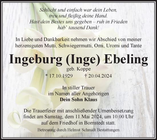Traueranzeige von Ingeburg Ebeling von Volksstimme Magdeburg