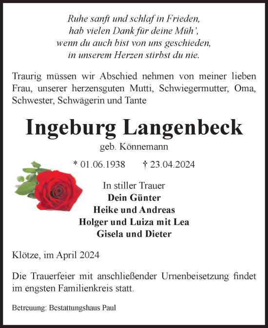 Traueranzeige von Ingeburg Langenbeck von Volksstimme Altmark West