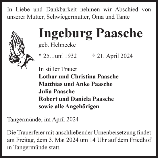 Traueranzeige von Ingeburg Paasche von Volksstimme Altmark Ost