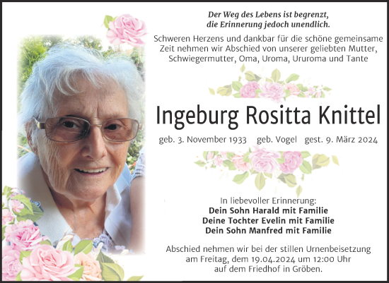 Traueranzeige von Ingeburg Rositta Knittel von Trauerkombi Weißenfels