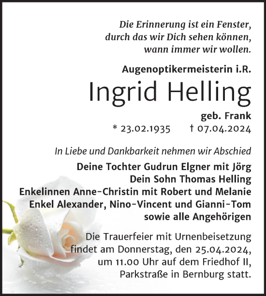 Traueranzeige von Ingrid Helling von Trauerkombi Bernburg