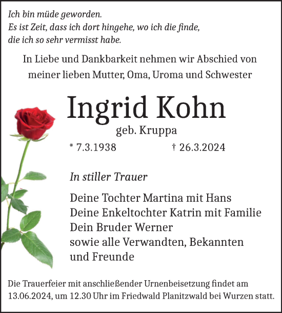 Traueranzeige von Ingrid Kohn von Mitteldeutsche Zeitung Weißenfels