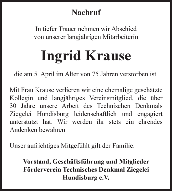 Traueranzeige von Ingrid Krause von Volksstimme Haldensleben/Wolmirstedt