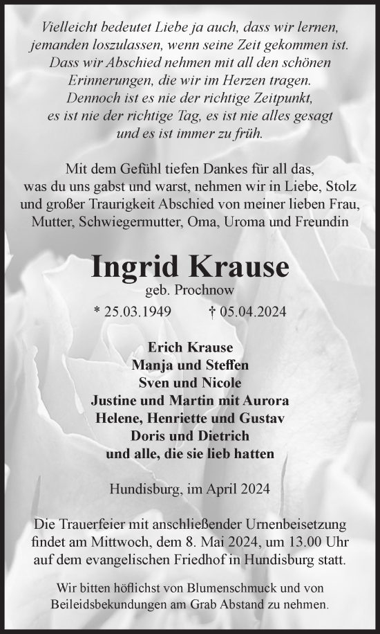 Traueranzeige von Ingrid Krause von Volksstimme Haldensleben/Wolmirstedt