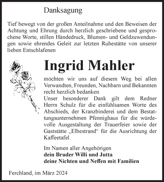 Traueranzeige von Ingrid Mahler von Volksstimme Burg/Genthin