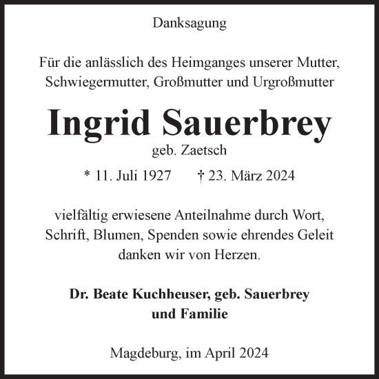 Traueranzeige von Ingrid Sauerbrey von Volksstimme Magdeburg