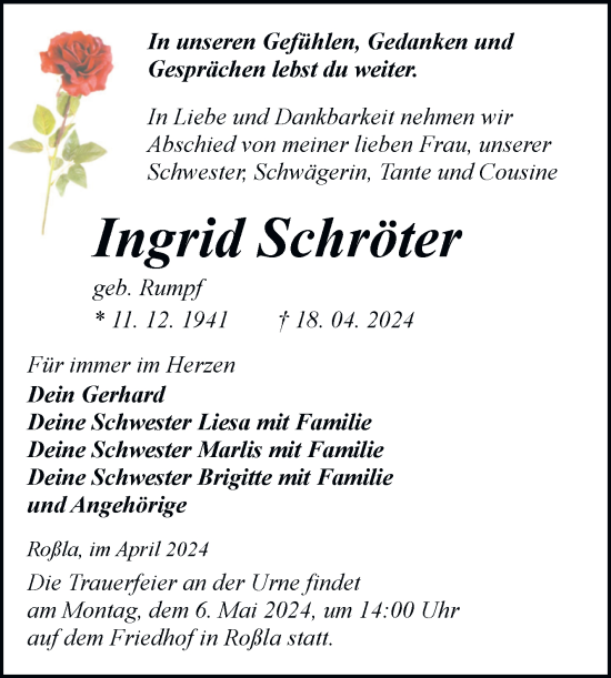 Traueranzeige von Ingrid Schröter von Trauerkombi Sangerhausen