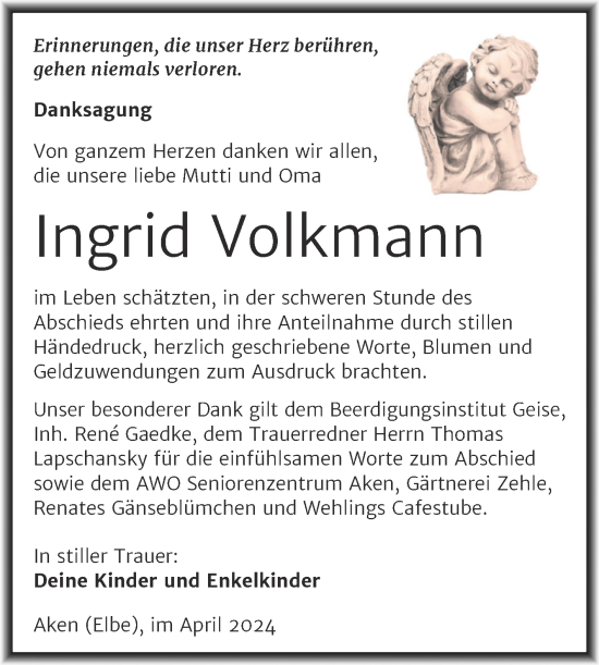 Traueranzeige von Ingrid Volkmann von Trauerkombi Köthen