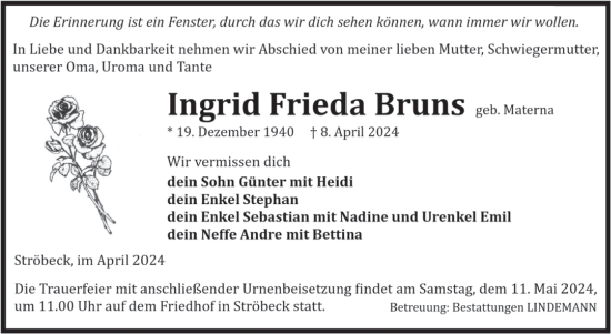 Traueranzeige von Ingrid Frieda Bruns von Volksstimme Halberstadt