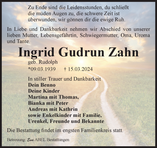 Traueranzeige von Ingrid Gudrun Zahn von Volksstimme Magdeburg