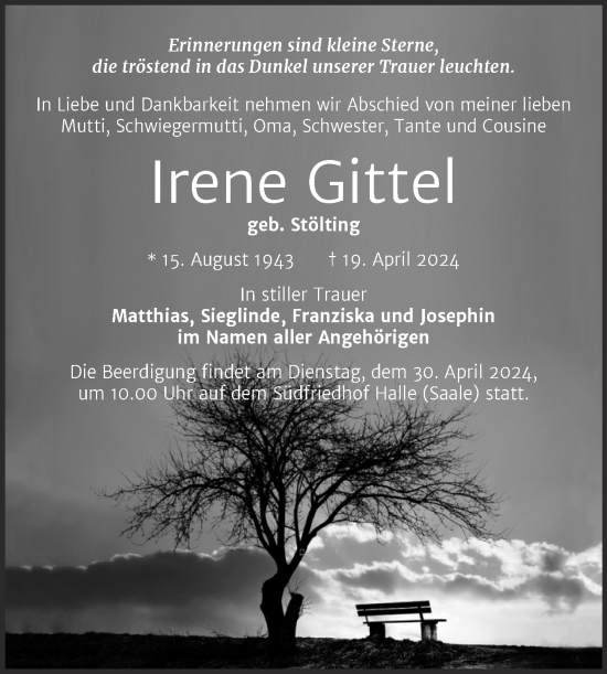 Traueranzeige von Irene Gittel von Mitteldeutsche Zeitung Halle/Saalkreis