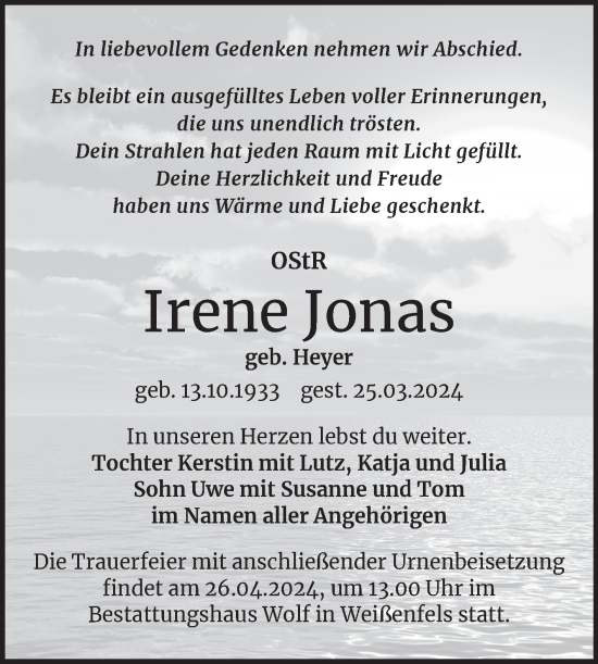 Traueranzeige von Irene Jonas von Mitteldeutsche Zeitung Weißenfels