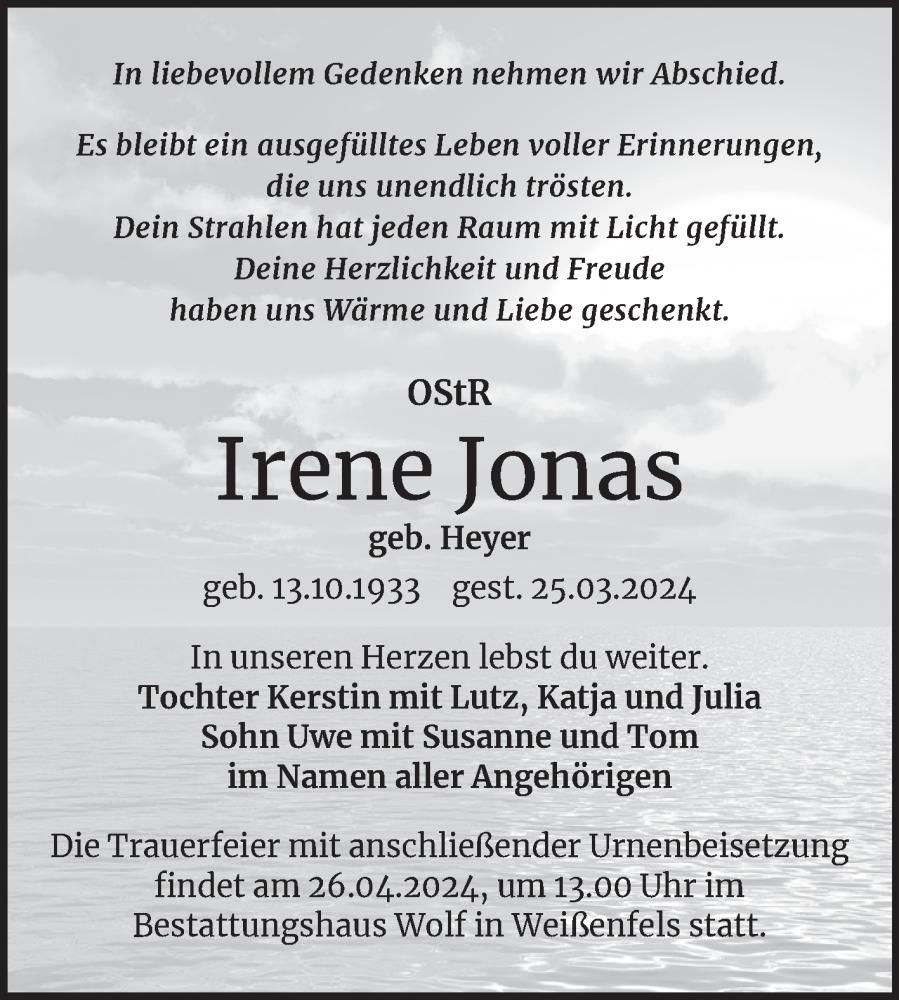  Traueranzeige für Irene Jonas vom 06.04.2024 aus Mitteldeutsche Zeitung Weißenfels