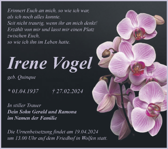 Traueranzeige von Irene Vogel von Trauerkombi Bitterfeld