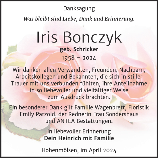 Traueranzeige von Iris Bonczyk von Trauerkombi Weißenfels