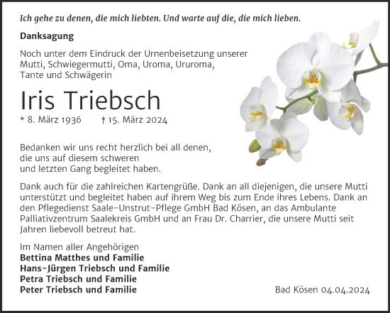 Traueranzeige von Iris Triebsch von Naumburger Tageblatt