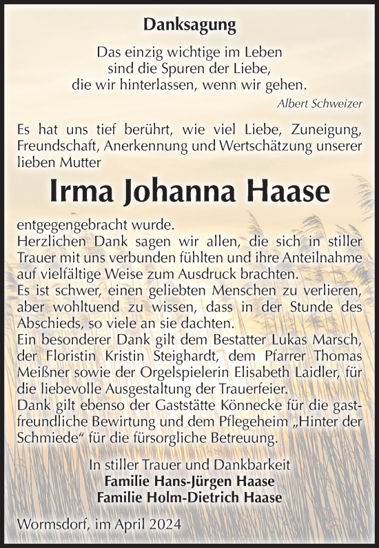 Traueranzeige von Irma Johanna Haase von Volksstimme Oschersleben/Wanzleben