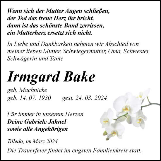 Traueranzeige von Irmgard Bake von Mitteldeutsche Zeitung Halle/Saalkreis