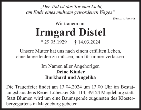 Traueranzeige von Irmgard Distel von Volksstimme Magdeburg