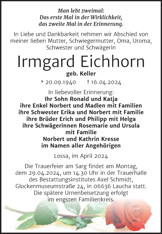 Traueranzeige von Irmgard Eichhorn von Super Sonntag Naumburg/Nebra
