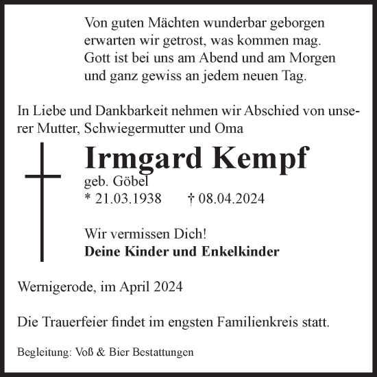 Traueranzeige von Irmgard Kempf von Volksstimme Wernigerode