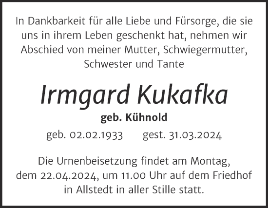 Traueranzeige von Irmgard Kukafka von Trauerkombi Sangerhausen