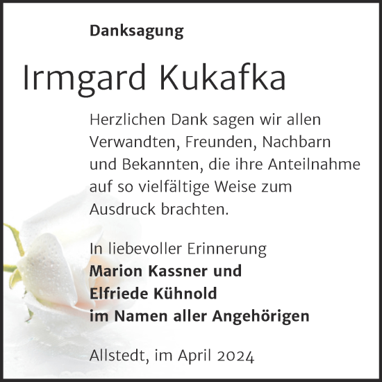 Traueranzeige von Irmgard Kukafka von Trauerkombi Sangerhausen