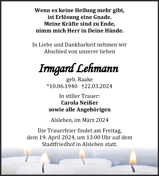 Traueranzeige von Irmgard Lehmann von Trauerkombi Bernburg