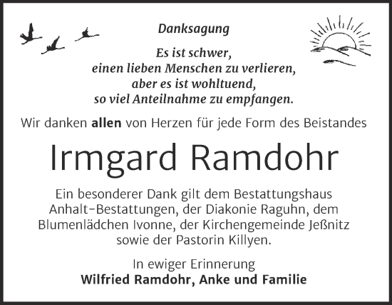 Traueranzeige von Irmgard Ramdohr von Trauerkombi Bitterfeld