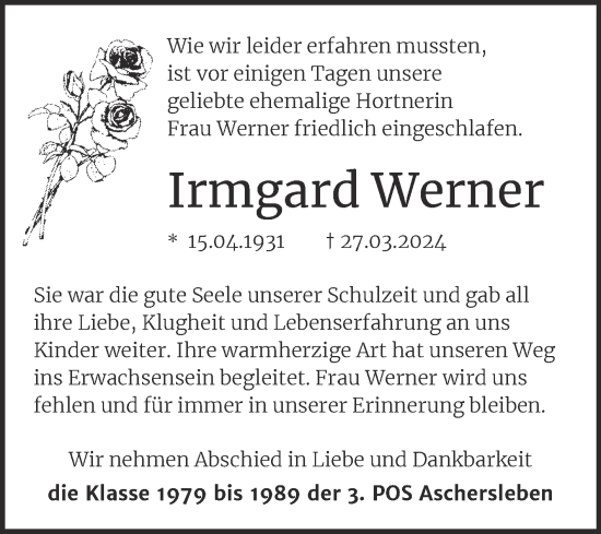 Traueranzeige von Irmgard Werner von Trauerkombi Aschersleben