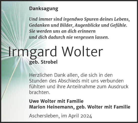 Traueranzeige von Irmgard Wolter von Trauerkombi Aschersleben