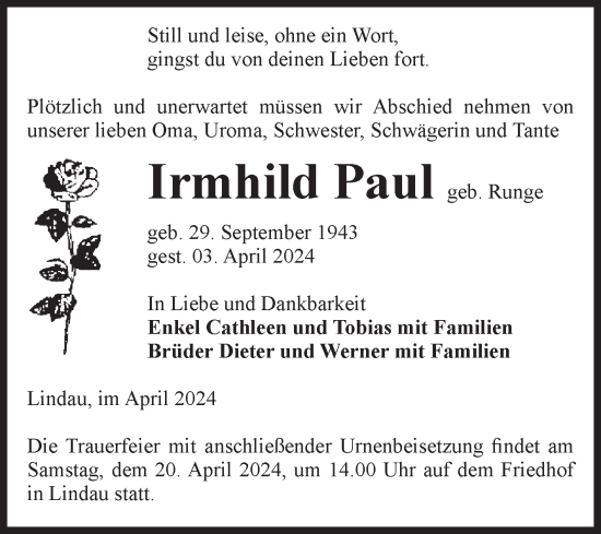 Traueranzeige von Irmhild Paul von Volksstimme Zerbst