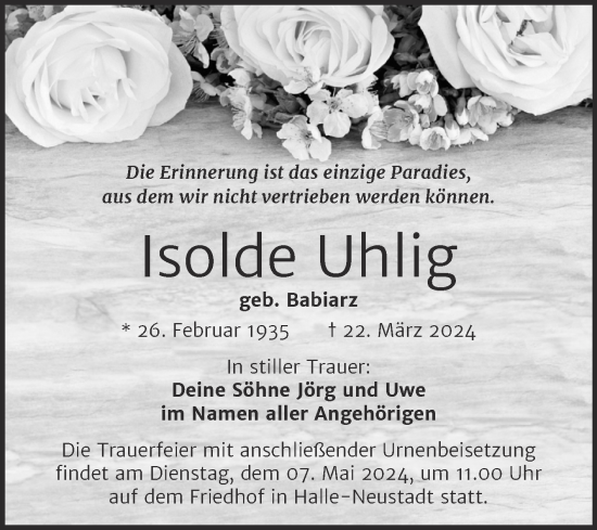 Traueranzeige von Isolde Uhlig von Mitteldeutsche Zeitung Halle/Saalkreis