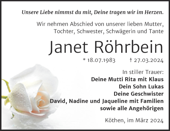 Traueranzeige von Janet Röhrbein von Trauerkombi Köthen