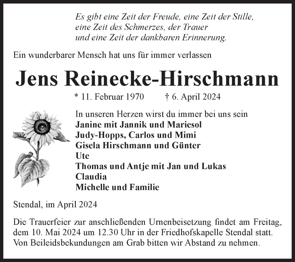  Traueranzeige für Jens Reinecke-Hirschmann vom 26.04.2024 aus Volksstimme Altmark Ost
