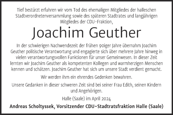 Traueranzeige von Joachim Geuther von Mitteldeutsche Zeitung Halle/Saalkreis