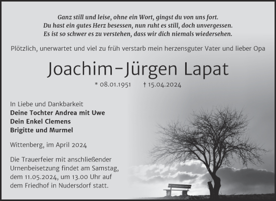 Traueranzeige von Joachim-Jürgen Lapat von Trauerkombi Wittenberg