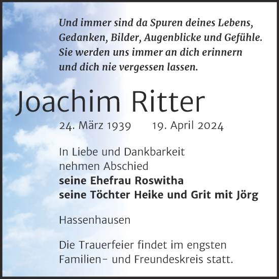 Traueranzeige von Joachim Ritter von Naumburger Tageblatt