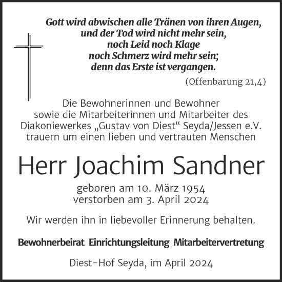 Traueranzeige von Joachim Sandner von Super Sonntag Wittenberg