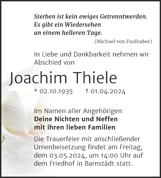 Traueranzeige von Joachim Thiele von Trauerkombi Merseburg