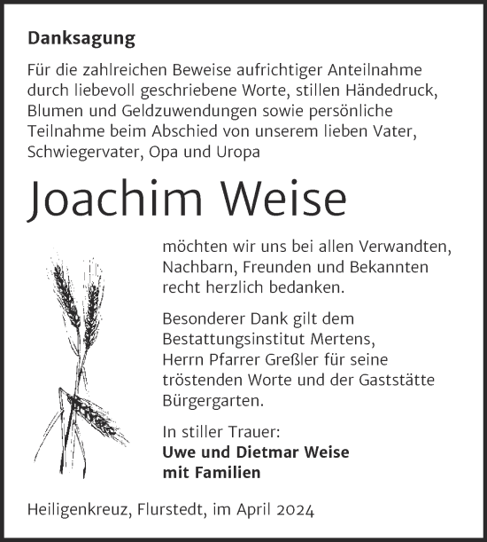 Traueranzeige von Joachim Weise von Naumburger Tageblatt