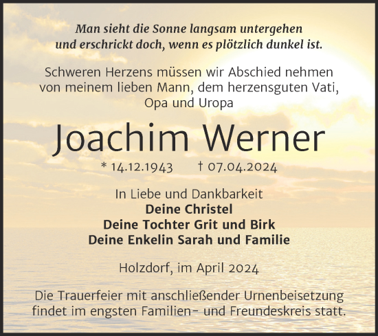Traueranzeige von Joachim Werner von Trauerkombi Wittenberg