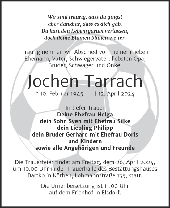 Traueranzeige von Jochen Tarrach von Trauerkombi Köthen