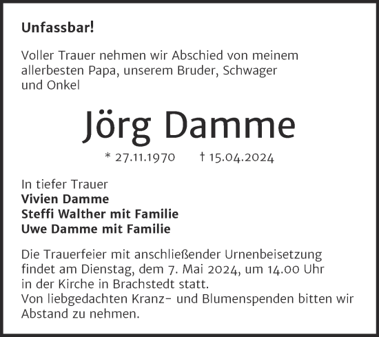 Traueranzeige von Jörg Damme von Mitteldeutsche Zeitung Halle/Saalkreis