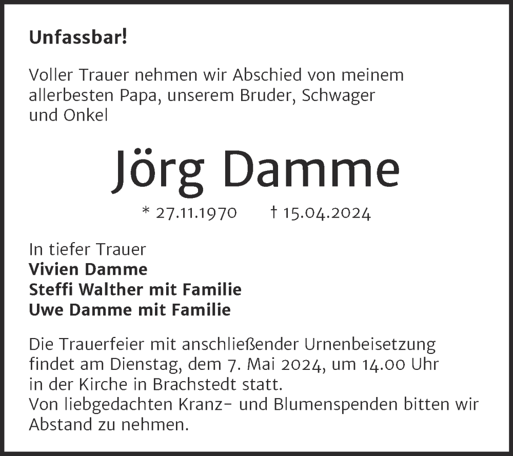  Traueranzeige für Jörg Damme vom 20.04.2024 aus Mitteldeutsche Zeitung Halle/Saalkreis