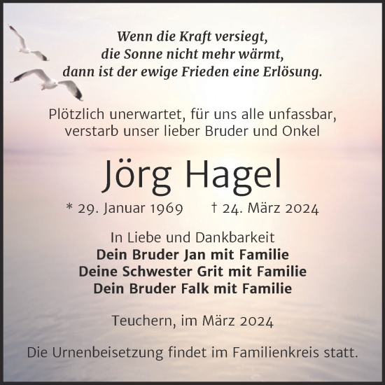 Traueranzeige von Jörg Hagel von Trauerkombi Weißenfels